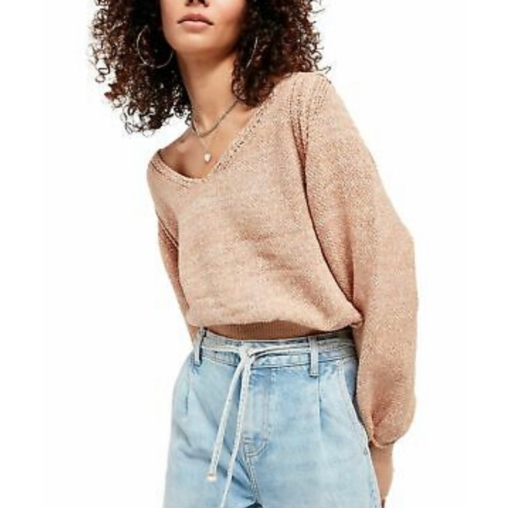 Free People Beige Pink Sand Combo Textured Long Sleeve V Neck Sweater